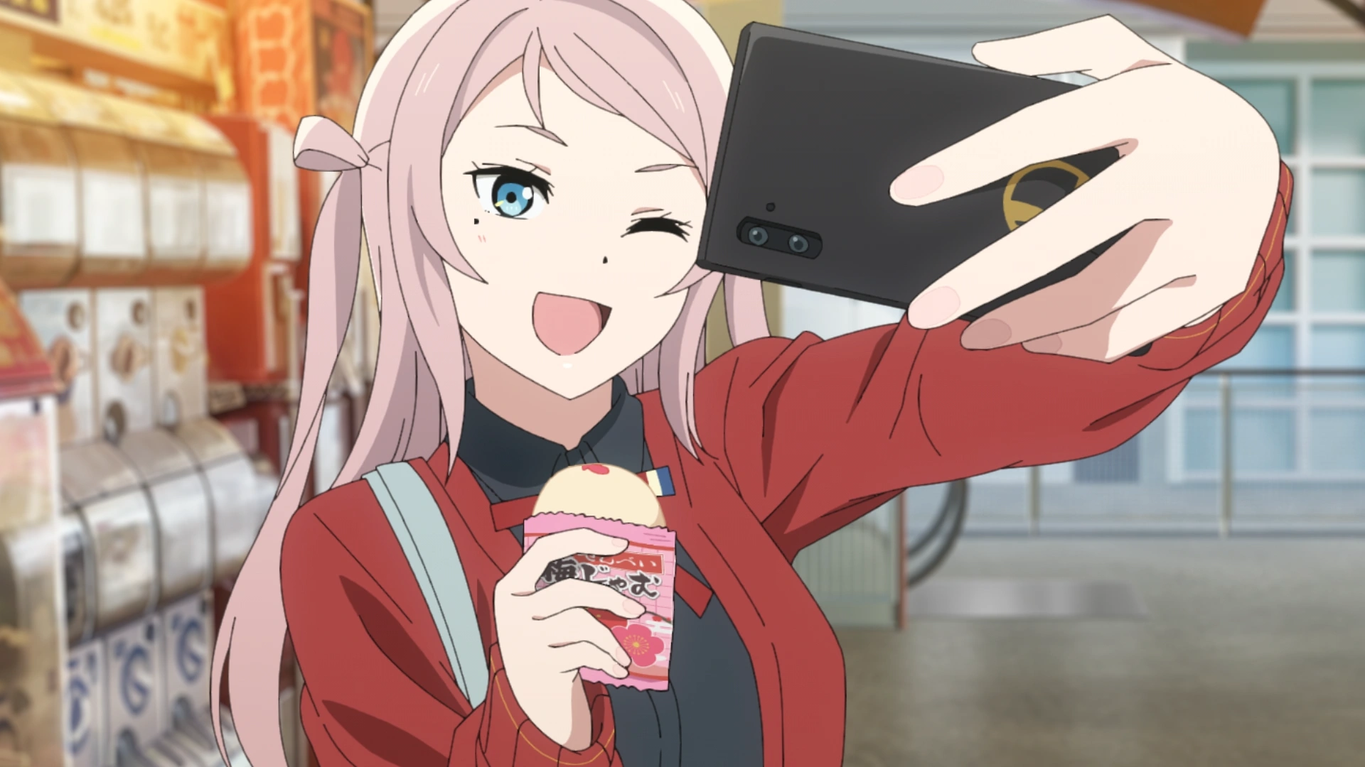 Lanzhu Zhong, a girl with long, light pink hair, in her school uniform, taking a selfie, snack in hand.